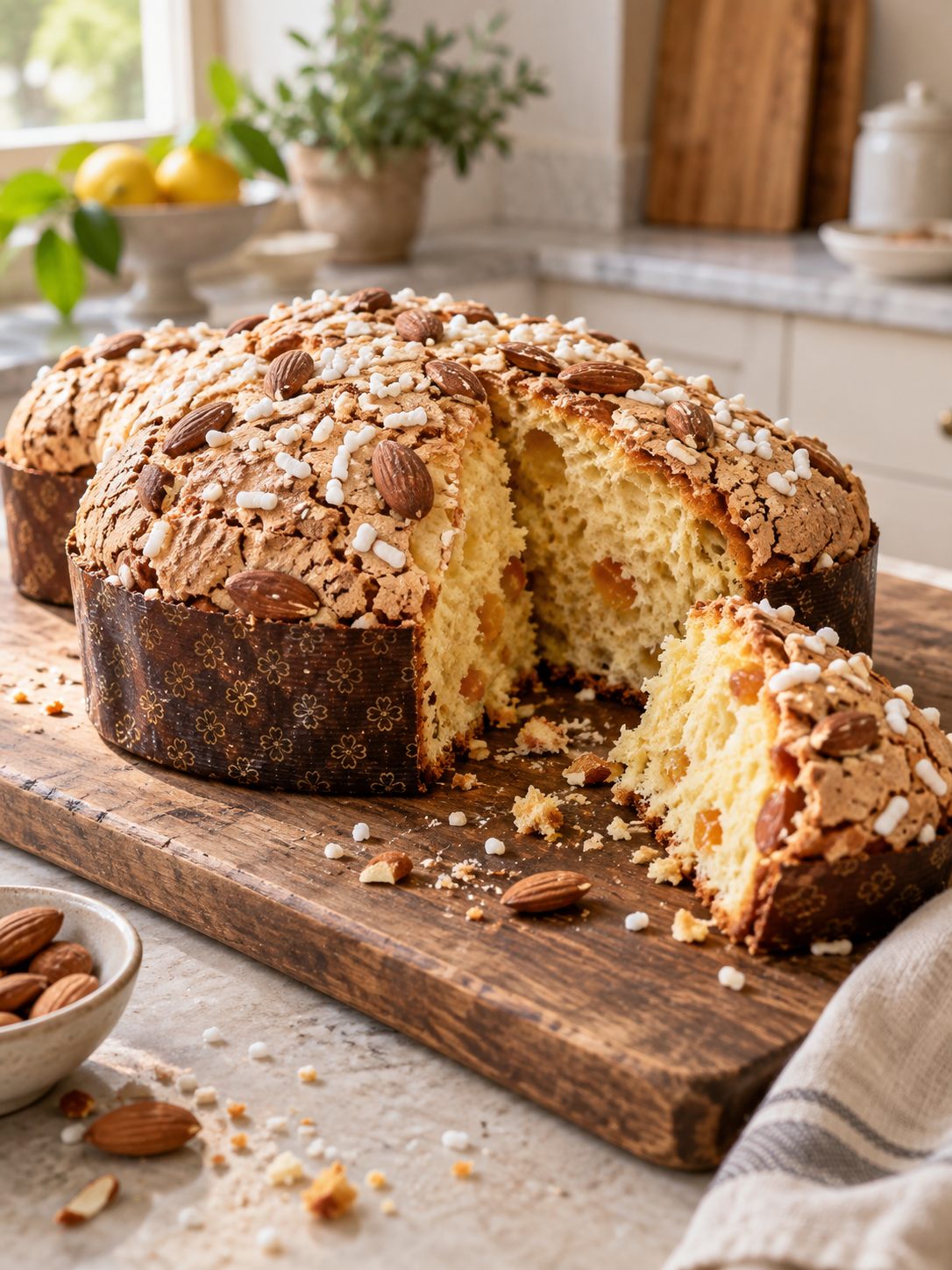 Colomba con glassa alle mandorle e granella di zucchero, tagliata